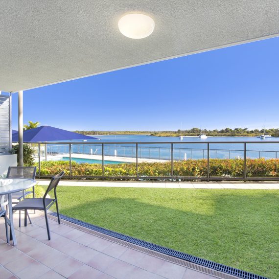 Noosa Shores Resort two-bedroom Superior apartment patio with water views
