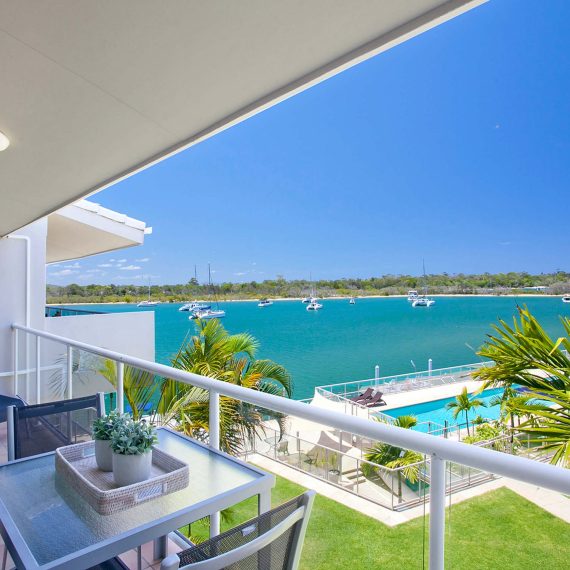 Noosa Shores Resort two-bedroom Superior apartment with pool and Noosa river view from balcony
