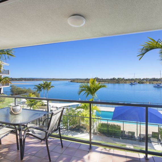 Noosa Shores Resort two-bedroom Superior apartment balcony overlooking Noosa River and pool