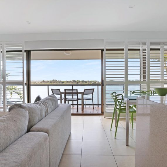Noosa Shores Resort 2 bed Superior living area with water view